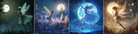 vector A graceful fairy, illuminated by the serene moonlight, dances with ethereal charm and delicate wings, evoking a mystical ambiance perfect for imaginative fantasy art.のイラスト素材