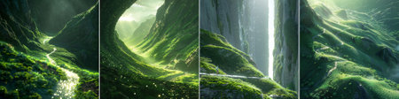 Panoramic view of green mountains and river. Collage of nature.のイラスト素材