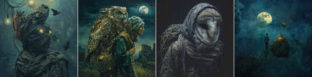 vector Four enchanting fantasy scenes featuring hooded figures, majestic owls, and moonlit skies, capturing a mystical blend of nature, magic, and introspection.のイラスト素材
