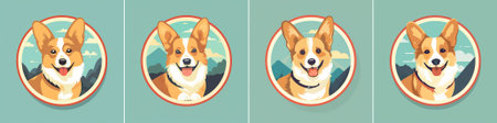 Corgi dogs in mid-century flat vector style. Each corgi is depicted with expressive, happy faces and lively poses,のイラスト素材