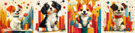 Vector. A cheerful vector illustration of playful cartoon-style puppies painting bar graphs, set against colorful cityscape and abstract elements in a fun art style.のイラスト素材