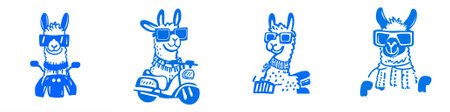 vector A series of playful vector-style illustrations featuring llamas wearing oversized sunglasses and cozy scarves. Each llama has a quirky expression and accessories on a clean background.のイラスト素材