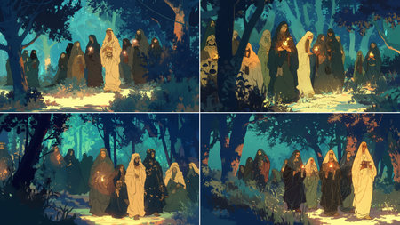 A group of ancient brown-skinned Arab women wearing traditional head coverings walk solemnly through...
