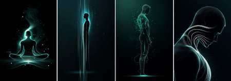 vector A futuristic digital illustration of a human figure glowing with energy, surrounded by abstract lines and particles, representing consciousness and technologyのイラスト素材