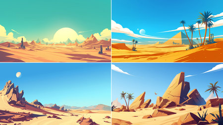 vector A stylized cartoon Egyptian desert landscape with golden dunes, iconic pyramids, palm trees, and a surreal sky featuring celestial bodies and clouds.のイラスト素材