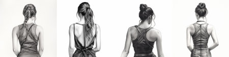 Vector A detailed black and white pencil drawing of a woman viewed from the back, highlighting varied dress styles and intricate hair textures in a contemporary tone.のイラスト素材