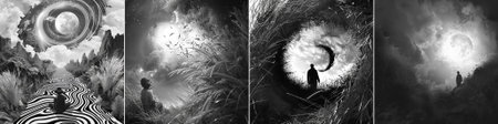 vector A fantastical path through striped terrain under a cosmic moonlit sky, where a lone traveler...