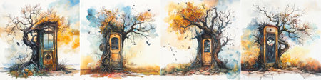 vector Dreamlike watercolor scene of twisted trees merging with old doors, creating a surreal atmosphere with soft skies and natural fantasy elements.のイラスト素材