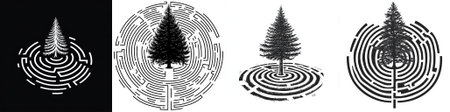 vector Black and white image of a labyrinth with a fir tree in the center, symbolizing the path to...