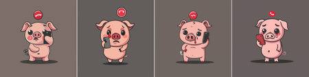 Vector Adorable piglet standing with two phones in his hands, looking worried, a drop of sweat and a call waiting icon above his head - an expression of anxiety.のイラスト素材