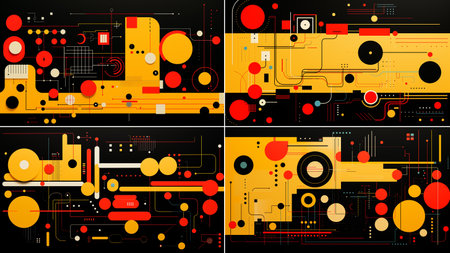 Vector abstract graphics convey data in biopunk style, drawing an interweaving of wires, connecting lines and nodes among black and yellow shapes, creating a futuristic lookのイラスト素材