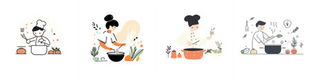 Vector minimalistic illustration of a chef adding ingredients to a bowl. Simple outline, small green accents and a special kind of home kitchen atmosphere.のイラスト素材