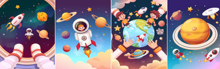 vector A collage of vector illustrations combining a rocket, an astronaut, hands holding the Earth with children and a UFO, against a starry space backdrop, reflecting the theme of exploration and friendshipのイラスト素材