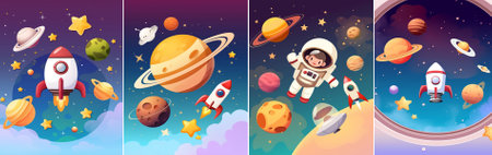 vector Dynamic space collage in vector style: view from the porthole with astronaut's legs, flying rocket, planets and satellite against the background of deep stellarのイラスト素材