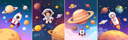 vector Cartoon illustration of space with rocket, planets in rings, stars and clouds against a deep blue and purple gradient sky, conveying the spirit of adventure.のイラスト素材