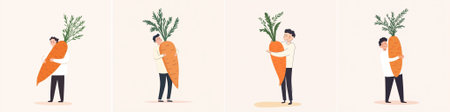 Mipro Minimalistic vector illustration of a man hugging a huge carrot, on a light background. This drawing is simple and cartoonish, with soft colors and cute facial expressions.のイラスト素材