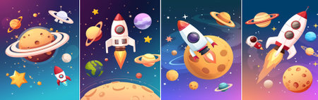 Vector. Illustrations with rockets, planets and stars in space. Bright colors, dynamic compositions and cartoon stylization create an atmosphere of adventure.のイラスト素材