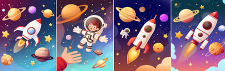 vector Collage of four illustrations: rocket, astronaut in spacesuit, planets and UFO against a star gradient background, conveying the spirit of interstellar adventure.のイラスト素材