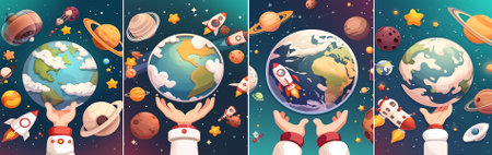 A cartoon vector illustration of a blue-hued space scene featuring rockets, planets, stars, and satellites orbiting a stylized Earth cradled by an astronaut's gloved hand.のイラスト素材