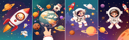 Vector collage: view from the porthole on the astronaut, rocket taking off, planets, children on Earth and UFO on the background of deep space gradient, conveying the idea of ââââexploration.のイラスト素材