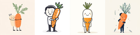 Vector - cute and minimalistic image of characters hugging carrots. Stylish cartoon illustration on a light background, perfect for stickers or packaging.のイラスト素材