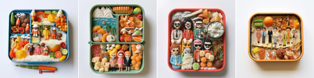 cheerful bento lunch with a bright yellow fluffy character in the center, surrounded by...
