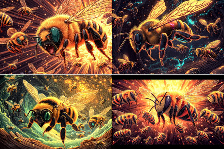 Vector. Dynamic and vibrant images of bees in flight, filled with light and energy. Fantasy style illustrations with hive and glow elements.のイラスト素材