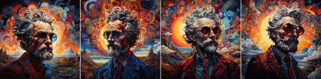 modern portrait of an elderly man with a beard and glasses, surrounded by abstract mosaic and...