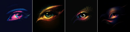 vector Four closeâup eyes enhanced by vibrant neon makeup, blending pink, gold and purple hues with sparkles and gradient textures against a dark backdrop, evoking a futuristic glam vibeのイラスト素材