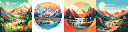 vector A summer mountain vector illustration featuring runners, cyclists, and kayakers on winding trails beside a crystalline alpine lake, framed by verdant hills and peaksのイラスト素材