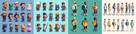 vector collection of diverse isometric characters featuring fantasy heroes, pixelated adventurers, urban backpackers and young professionals showcased on clean backgroundsのイラスト素材