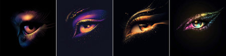 vector Four stylized eyes with gradient eyeshadow shifting from purple to gold, accented by sparkles and vector linework on a dark canvas, capturing elegant digital beauty artistry.のイラスト素材