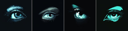 vector A group of stylized eyes adorned with layered cyan and white eyeshadow, featuring intricate dotâandâline textures on a dark canvas, conveying an ethereal digital makeup vibe.のイラスト素材