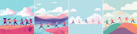 vector: A flat vector illustration composed of four vibrant panels showing diverse participants engaged in tugâofâwar across pastelâcolored landscapes, playful clouds overhead, dynamic poses.のイラスト素材