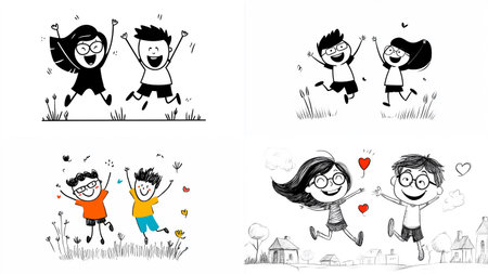 A clean black and white vector sketch depicting two happy cartoon characters jumping side by side with arms raised, simple ground line and sparse grass elements create a playful scene full of pure joyのイラスト素材