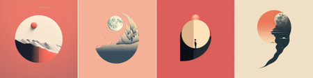 vector A series of four minimalistic circular compositions displaying conceptual lunar phases with abstract landscapes, subtle color gradients, geometric half-moon shapes and a serene modern aesthetic.のイラスト素材