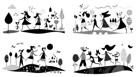 vector A set of four minimalist black-and-white line drawings depicting playful fox family silhouettes exploring stylized landscapes with trees, hills and birds, evoking a charming whimsical narrative.のイラスト素材