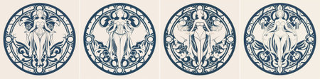 vector Four circular Art Nouveau medallions in navy blue on cream each framing a stylized female silhouette surrounded by intricate swirling floral patterns and harmonious geometric ornamentation.のイラスト素材