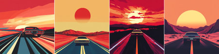 vector A quartet of popâart style roadscapes features a vintage car driving towards oversized suns across stylized desert landscapes, blending sharp linear roads, layered mountains, and bold red orangeのイラスト素材