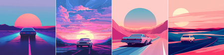 vector A montage of vibrant illustrations shows a retro car speeding along neon-lit highways at sunset, with oversized pink suns sinking behind dark mountains and wet asphalt reflecting colorful glow.のイラスト素材