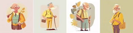 vector Four stylized illustrations of an elderly man with a white mustache and glasses, wearing a...