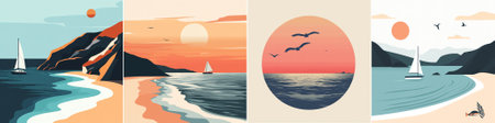 vector A quartet of minimal vector seascapes evoking coastal leisure with stylized beaches, abstract waterforms, sailboats, and sun motifs presented in flat pastel tones.のイラスト素材