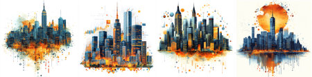 vector A futuristic urban skyline rising above a data matrix, with skyscrapers illuminated by orange highlights and interspersed financial graphs, metricsのイラスト素材