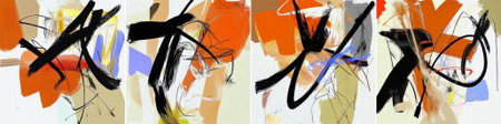 vector A vibrant abstract composition with bold black gestural brushstrokes cutting across orange,...
