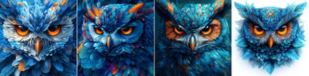 vector A dynamic abstract owl head crafted from layers of blue and teal feathers, featuring intense amber eyes, blended in a vibrant feather mosaic for a modern wildlife portrait style.のイラスト素材