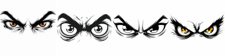 Striking black-and-white illustration featuring four pairs of menacing eyes with furrowed brows and piercing gazes. They employ bold lines and sharp shadows for a sinister aura.のイラスト素材