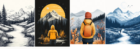Four panels depict mountain scenes: a monochrome engraving, a figure in a yellow jacket under a golden moon, a backpacker amidst misty peaks, and a walker on a winding trail.のイラスト素材