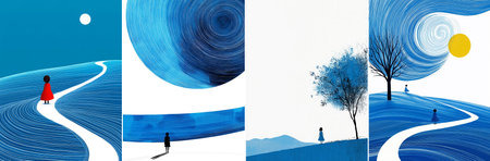 Four panels unite serene lakeside trees, a red-clad figure gazing across rolling hills, quaint houses and swirling vortex forms rendered in textured blues with bright accents.のイラスト素材