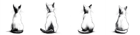 A black-and-white line drawing of a cat seen from behind, with fine fur textures and delicate whiskers defining its contours, a gently curled tail at the base, evoking quiet solitude and poise.のイラスト素材