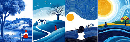 Four panels show a lone figure traveling a winding white path across rolling blue hills, dotted with trees, houses and birds, juxtaposing soft textures and warm golden accents.のイラスト素材